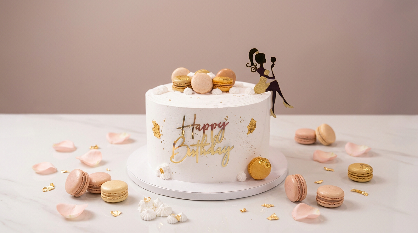 Elegant white Happy Birthday cake with gold accents, macarons and blush rose petals