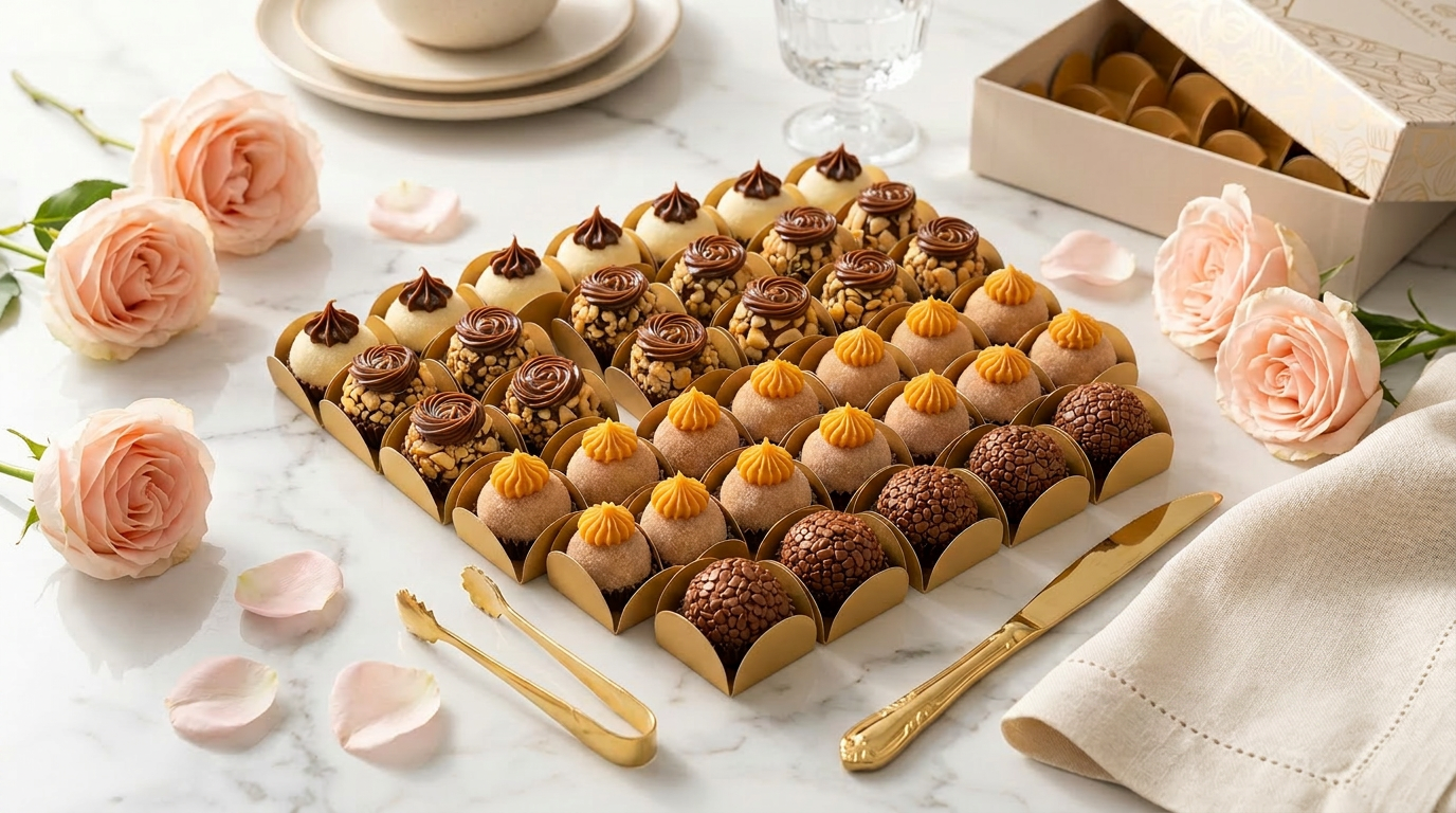 Premium gourmet Brazilian brigadeiros and docinhos beautifully styled on white marble with blush roses