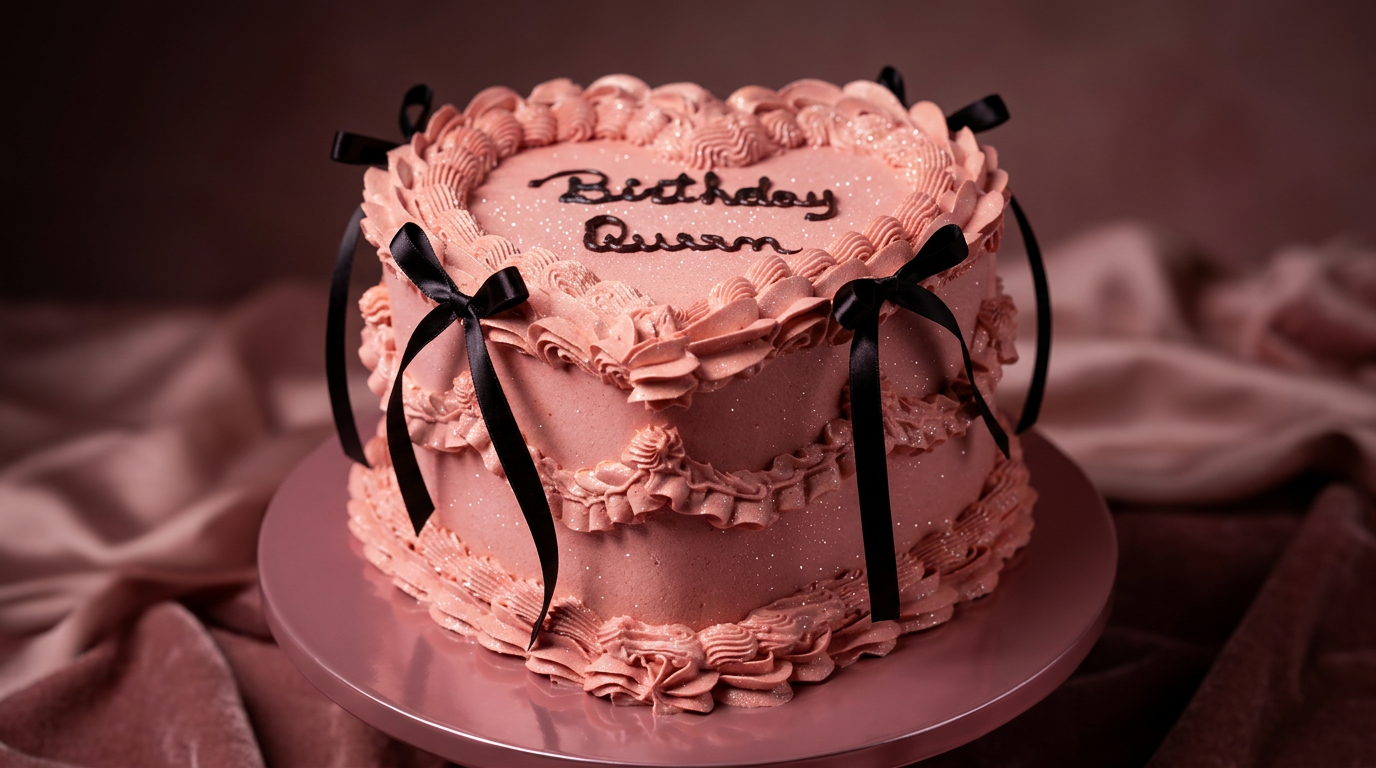 Pink heart-shaped vintage cake with black satin bows